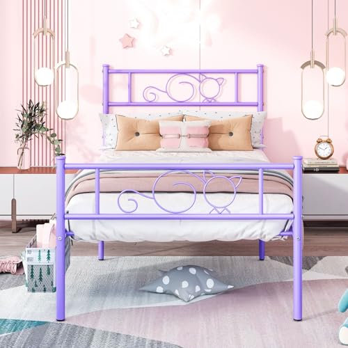Struttura letto matrimoniale viola con testiera senza bisogno di molle – Struttura letto doppia in metallo con comodino sospeso, design gatto