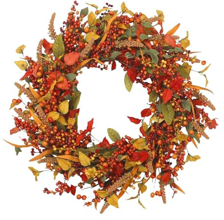 Künstlicher Herbst-Kranz für Tür - Beeren-Ahornblatt-Rankenkranz, Dekor Mit Beeren und Blättern, Ernte