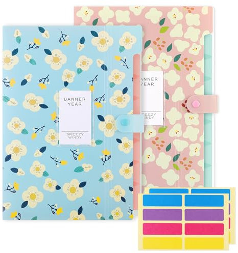 KONVINIT Fächermappe A4,Erweiterbar Dokumentenmappe mit 7 Fächer Floral Tragbar Organizer Mappe Folder Ordnungsmappe mit Etiketten,für Schule/Zuhause/Arbeit/Büro,2 Stücke