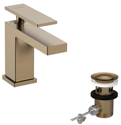 hansgrohe Tecturis E - Waschtischarmatur mit Zugstangen-Ablauf, energiesparend (CoolStart), Wasserhahn Bad mit Auslauf Höhe 90 mm, Mischbatterie wassersparend (EcoSmart+), Brushed Bronze, 73002140