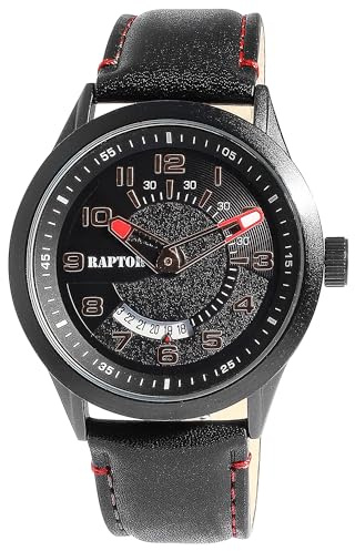 Raptor Yava Herren-Uhr Leder Dornschließe Datum Analog Quarz Geschenk Vatertag Geburtstag Weihnachten (schwarz)