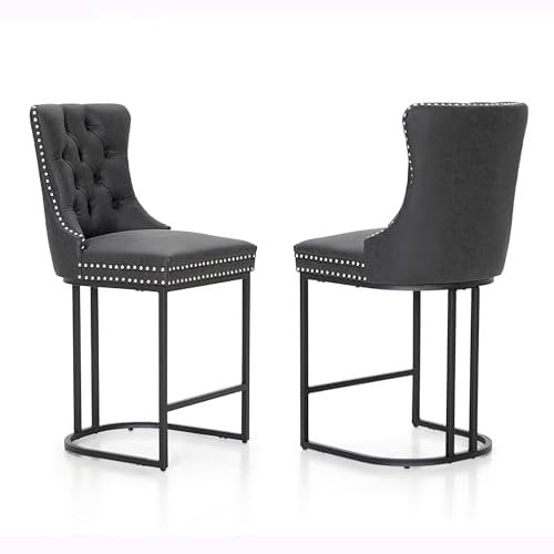 ALPHA HOME Barhocker 2er Set Gepolstert Barstuhl Hohe Barstühle mit Rückenlehne Tresenhocker aus PU Leder für Küche Esszimmer Wohnzimmer mit Metallbeinen Fußstütze (Schwarz)