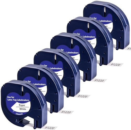6x Yuanqimm Kompatible für Dymo Letratag 12mm x 4m 91220 A91220 Etikettenband Paper White 12mm S0721510 Schwarz auf Weiß Band für Dymo Letratag XR LT-100H LT-100T LT-110T XM QX50 2000 200B