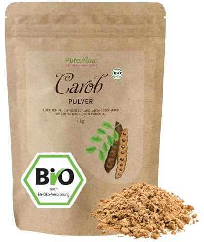 Carobpulver Bio Vegan - Natürliche Süße, Ballaststoffreich, reich an Mineralien, Koffeinfrei - Kakao Alternative für Trinkschokolade ohne Zucker - Johannisbrot Pulver Bio, Carob Powder | PureRaw 1kg