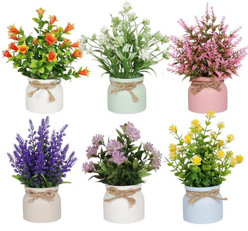 Yoratee 6pcs Artificial Pot Flowers Small Fake Plants Mini Potted Plants for Home Office Tabletop Bookcase Decoration