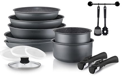 Arthur Martin AM133GM Batterie de cuisine 15 pièces poignée amovible Poêles avec revêtement anti adhérent Casserole avec bec verseur tous feux dont induction