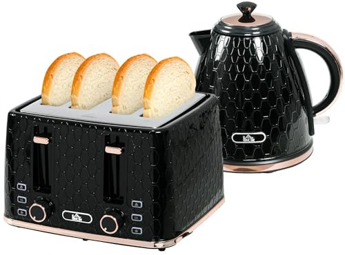 HOMCOM Kettle and Toaster Set, 1.7L 3000W Fast Boil Jug Kettle with Auto Shut Off, 4 Slice Toaster with 7 Level Browning Controls & Crumb Tray, Black