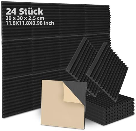 Fiqops Lot de 24 panneaux acoustiques autocollants en mousse - 2,5 x 30 x 30 cm - Pour isolation phonique, mur - Réduit l'écho - Pour studio d'enregistrement, décoration de jeu, podcasts - Noir