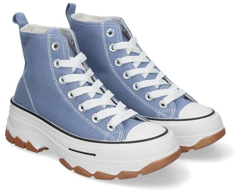 83601 Zapatilla Abotinada de Plataforma para Mujer, Comoda, Estilo Bamba, Material de Lona, y Cierre de Cordones Celeste Talla 38