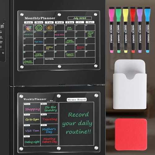 Giznzg Acryl Kalender für Kühlschrank, 2 Stück Magnetisch Monatsplaner und Wochenplaner, Magnettafeln Planungstafeln, Haushaltsplaner, To Do Liste und Memoboard