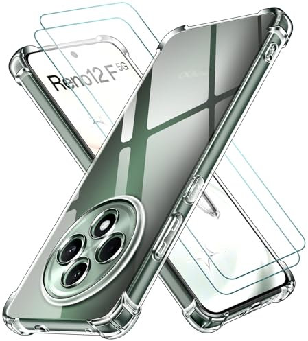 ivoler 3 in 1 Funda para OPPO Reno 12F 4G / 5G / OPPO Reno 12 FS 4G / 5G con 2 Piezas Cristal Templado, Transparente Carcasa Protectora Antigolpes Case, Suave TPU Silicona Anti-Choques Caso