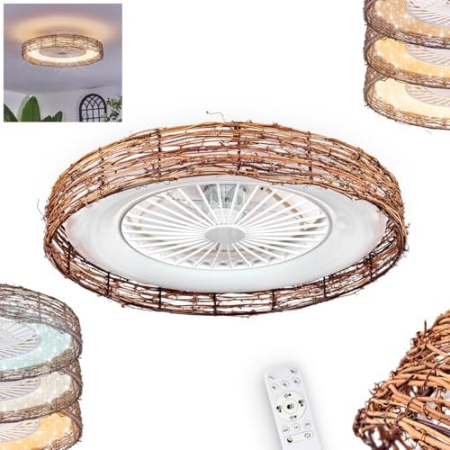 LED Deckenventilator Benasal, Ventilator aus Kunststoff/Bambus in Weiß/Natur/Glitzereffekt, Boho Deckenleuchte, Ø 55cm, Fernbedienung, Kelvin einstellbar mit CCT, 40 Watt, 1700 Lumen, 3000-6500 Kelvin