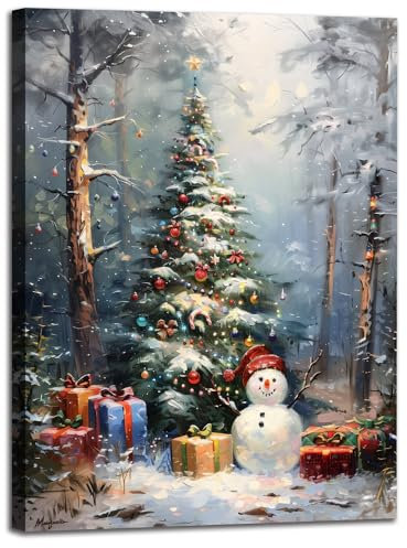 Weihnachtliche Wandkunst, Winter-Kiefernbaum, Leinwandbilder, Wanddekoration, Schneemann, romantisches Weihnachtsschneemann-Poster, Weihnachtsbaumdrucke, Gemälde für Urlaubsgeschenke, für Wohnzimmer,