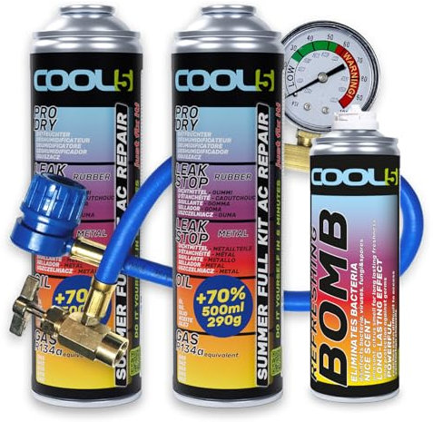 Cool5 Lot de 2 Kits de réparation de climatisation d'été Complet AC 5 en 1 (substitut du R134a) gaz de Rechange avec Tuyau de Mesure – pour Voitures 1995-2016, 290 g + 70% de Produit Refreshing Bomb