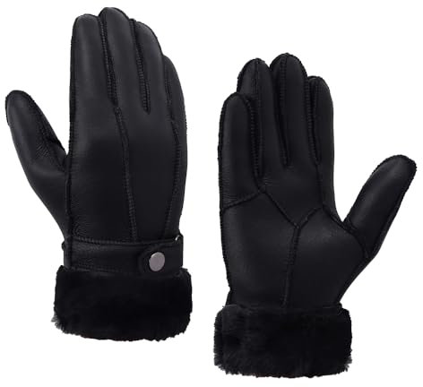 MGGMOKAY Damen Shearling Handschuhe Damen Lederhandschuhe Shearling Warme Winterhandschuhe,Schwarz,XS