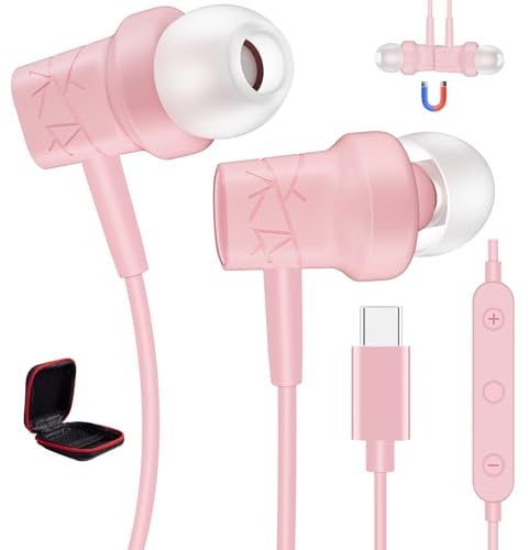 ACANDYA USB C Headphones Type C Earphones Wired Earbuds Magnetic in-Ear Headset Microphone Volume Control for iPhone 16 Plus 15 Pro Max iPad Galaxy S24 FE Ultra S23 S22 A54 Pixel 8 7 for OnePlus Pink