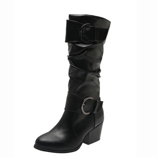 Stivali Donna Gambale Curvy Pianta Larga Stivali Donna Texani Alti Pelle Zeppa Scarpe Boots Caldo stivali donna con tacco invernali Elasticizzati Scarponi Alti Antiscivolo Trekking Nero 35-48 EU