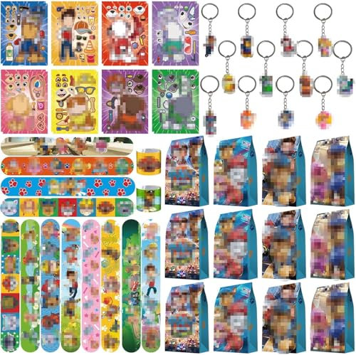 Mitgebsel Kindergeburtstag Gastgeschenke, 52PCS Geschenktüten Kindergeburtstag Kleine Geschenke für Kinder Schnapparmband Schlüsselanhänger Geschenktüten Aufkleber Geburtstag für Junge Mädchen