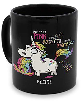 printplanet - Tasse Schwarz mit Namen Kathie - Motiv: Einhorn - Namenstasse, Kaffeebecher, Mug, Becher, Kaffeetasse