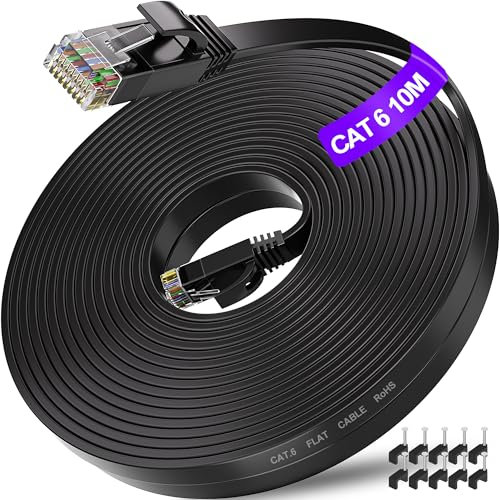 ikbc Cable Ethernet 10 metros, Cat 6 Cable de Red 10m Alta Velocidad RJ45 Plano, Cable LAN Gigabit Cable de Internet 10 metros Negro para PS4/5 Rúter (10 Clips)
