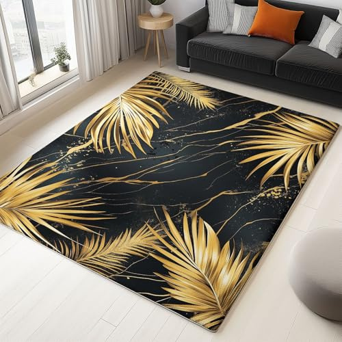 Tapis de Salon Feuilles Palmier Dorées 120x170 cm Moquette Doux Poil Ras Noir Lavable, Tapis Antidérapant pour Salon Chambre à Coucher Bureau Paillasson Intérieur Décoration Maison