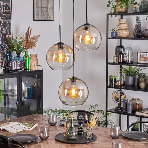 HOFSTEIN Hängeleuchte Koyoto, 3-flammige Hängelampe aus Metall/Glas in Schwarz/Bernsteinfarben/Klar, moderne Pendelleuchte im Retro/Vintage-Design (Schirme Ø 25 cm), E27, Esszimmer, Küche, Wohnzimmer