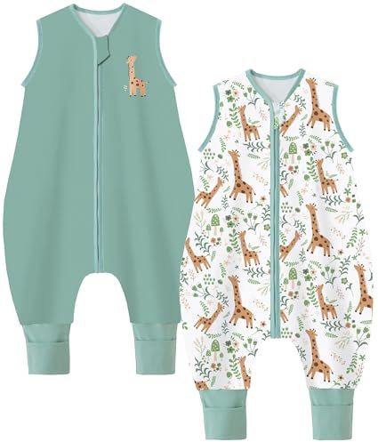 Chilsuessy Baby Sommerschlafsack mit Füßen 2er Pack 0.5 Tog Kleine Kinder Schlafsack mit Beinen 100% Baumwolle Schlafstrampler für Jungen Mädchen, Grün + Giraffe, 80cm/Baby Höhe 90-100cm
