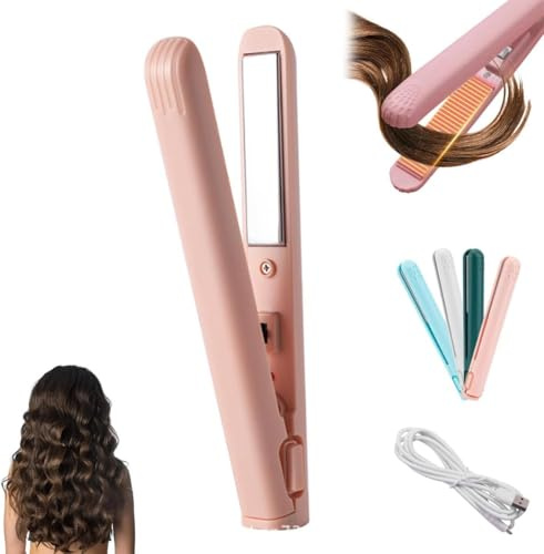 Mini Lockenstab mit Doppeltem Verwendungszweck, Mini Lockenstab und Flacheisen, Haarglätter und Locken 2 in 1 Tragbare USB Wiederaufladbare Kabellose Reise Lockenstabs für Alle Haartypen (Rosa)