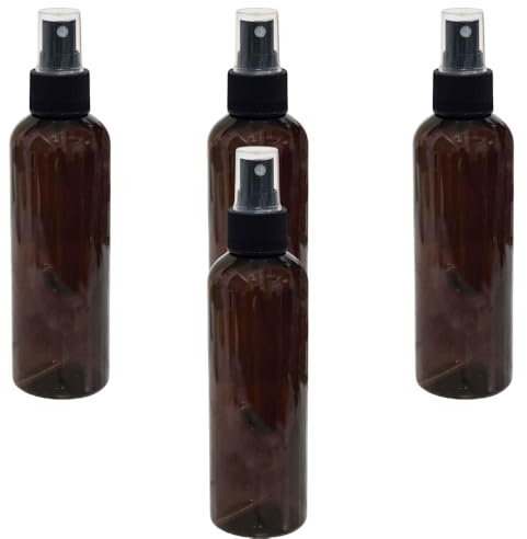 ProTech Juego de 4 botellas de spray multiusos, vidrio ámbar de 200 ml con pulverizador de niebla fina, para belleza, limpieza y bricolaje