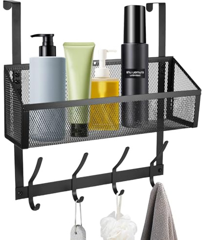 FORNORM Over Door Hanger Hooks, Stainless Steel Door Hanger with Storage Organiser Mesh Basket 4 Coat Hooks, Over The Door Wall Rack for Clothes Keys Towels Hats Bags