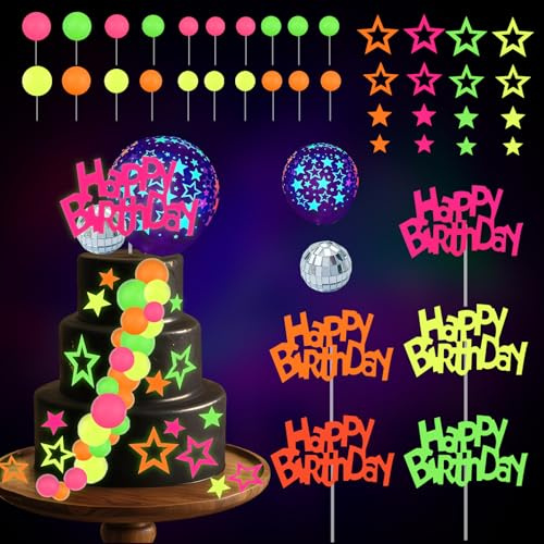 Glow Party Supplies Set Glow Kuchen Deko Disco Party Zubehör | Fluoreszierende Ballons Cake Topper Schwarzlicht deko Party Zubehör Set für Hochzeit Geburtstag Dekorationen