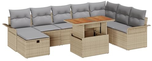 vidaXL 9-teiliges Gartensofa-Set mit Kissen in Beige aus Poly Rattan – Langlebige Möbel für Terrasse, Balkon oder Garten.