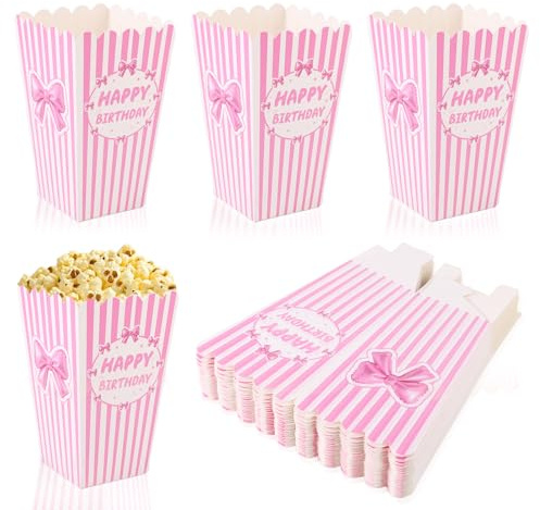 BOXOB 24uds Cajas Palomitas Lazo Rosa, Pequeñas Bolsas Palomitas a Rayas Blancas y Rosadas Happy Birthday Cartulina Contenedores Snacks Dulces para Noche Cine Suministros Favoritos Fiesta Cumpleaños