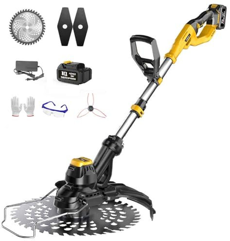 Tondeuse à Gazon électrique sans Fil, débroussailleuse portative à 3 Lames, Lame de scie élargie, désherbeur léger avec Batterie 4,0/6,0 Ah et Chargeur, for pelouse et broussailles(4.0AH Battery*1)