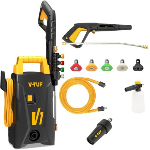 Avern V-TUF V1 Home Pressure Washer 1400W - 105Bar - 1400PSI - Jet wash for car, home, patio garden furniture Inc Foam Sprayer & Nozzles