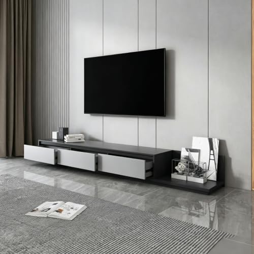 CinderWick Extendable TV Unit 200-350cm for 65-100 TVs, Mid-Century, Grey | Adjustable 200-350cm TV unit for 65-100 inch screens. 3 storage drawers, configurable layout, mid-century modern style.