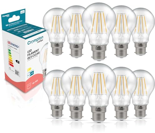 Crompton Lamps Filament GLS LED Light Bulb BC-B22d | 11W = 100W Equivalent | Warm White 2700K | Energy Efficient | Bayonet Lightbulb | Long Life 15,000-Hrs | Clear Glass | Dimmable | 10-Pack