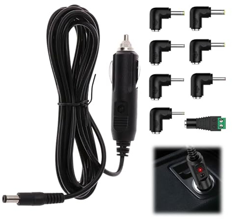 Chargeur de Voiture Universel 12V 2A - Câble d’Alimentation DC avec Prise 5.5x2.1mm pour Lecteur DVD, GPS, Haut-parleurs, Étiqueteuse, Tire-Lait, Caméra et Bande LED - 24W avec 8 Adaptateurs