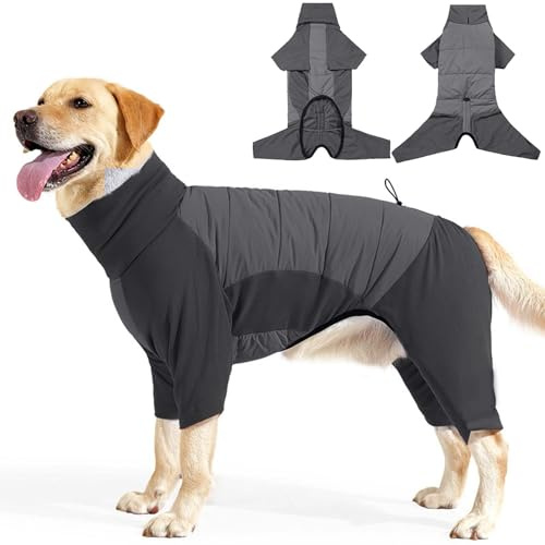 Hundemantel Wasserdicht mit Beinen, Warmer Hundeanzug Winter für Mittelgroße & Große Hunde, Winddicht & Elastisch, Outdoor Hundejacke mit Geschirrloch – Grau (L)