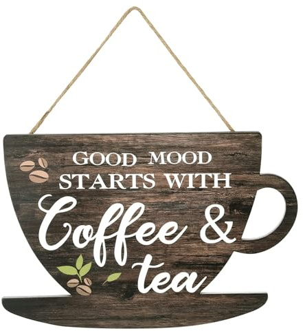 Coffee Sign Kitchen Pictures for Wall – Wooden Art Decor Hanging Plaque Hanging Ornament – Rustic Farmhouse Kitchen Wall Decor Sign – Good Mood Starts with Coffee & Tea Art for Home Cafe Bar