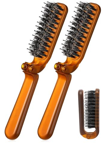 CULEB 2 Piezas Cepillo Pelo Viaje Plegable,Mini Cerdas de Jabalí Cepillo de Pelo Portátil,Herramienta de Peluquería para Hombres y Mujeres,para Cabello Rizado,Barba(Marrón)
