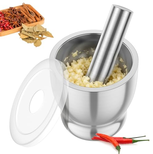 Sutowe Juego de mortero y mortero de acero inoxidable, 10 cm, molinillo de especias de alto rendimiento con tapa para hierbas, ajo, jengibre