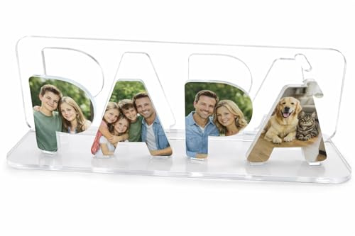 Targa Papà Personalizzabile con 4 Foto in Plexiglass – Portafoto da Tavolo 27x9,2x8 cm – Idea Regalo per Festa del Papà, Compleanno o Natale – Decorazione Ricordo