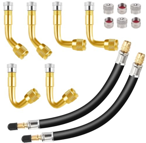 14 Pezzi Valvola Pneumatico Auto, Valve Extender Adattatore 45° 90° 135° in Ottone, Kit Tubo Gonfiaggio Valvole Pneumatici e Cappucci Metallici, per Camion, Auto, Moto, Bici, Scooter, Universale