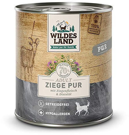 Wildes Land - Ziege PUR - 24 x 800 g - Mit Distelöl - Nassfutter für Hunde - Hoher Fleischanteil - Hypoallergen - Getreidefrei und Glutenfreies Hundefutter
