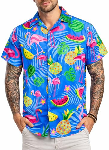 King Kameha Hawaii Hemd Männer - Funky Hawaiihemd Herren Kurzarm, Flamingo Melon, Indigoblau, 6XL
