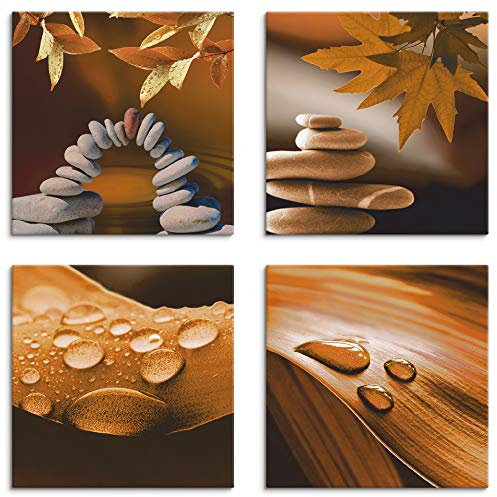ARTLAND Wanddeko Wellness Bilder Leinwand Bilder Set 4tlg. je 40x40 cm Quadratisch Wandbilder Zen Steine Entspannung Tropfen K2ET