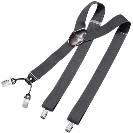 DonDon Hosenträger Herren extra stark dunkelgrau 3,5 cm Hosenträger Herren breit mit brauem Leder in Y-Form lang - Starke Clips passend für Anzug Jeans Chinos Vintage Rockabilly Suspenders