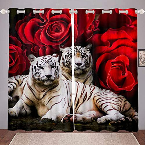 Tiger Vorhänge, Rot Rose Tiger Verdunkelungsvorhang Braun Rot Bild der großen Katze Spielen mit Wasser Kühle Natur Tiervorhänge Wohnzimmer Schlafzimmer Fenstervorhänge 2 Panels Grau Schwarz 55x96