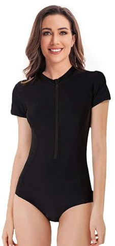 Beachkini One-Piece Swimsuit for Women Long-Sleeved Swimwear with Front Zip Triangle Swimsuit,Solid Black,XL